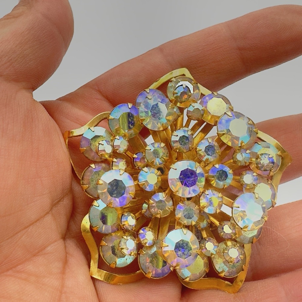 Vtg Star Brooch Pin AB Rhinestone Statement Gold Tone Large